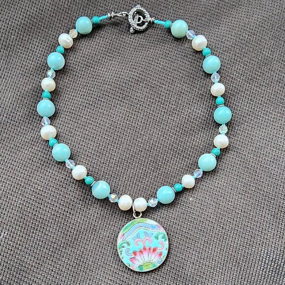 Etsy Hand Painted Pastel Floral Medallion Beaded Necklace - Picture 3 of 13